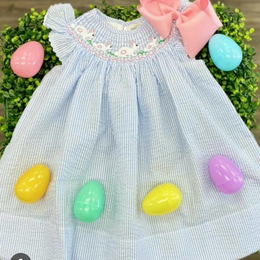 Lil Cactus seersucker blue rabbit dress. 3-6 months. Easter dress